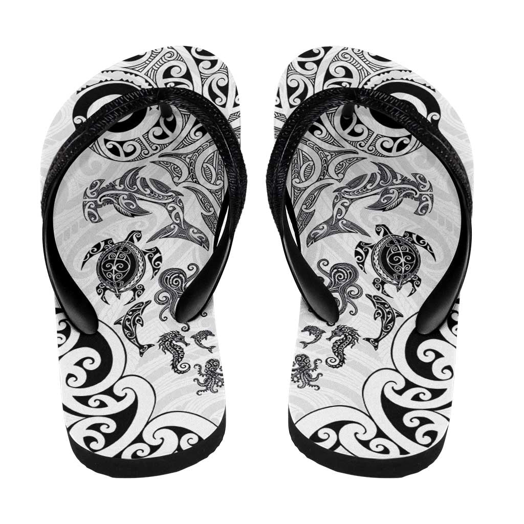 New Zealand Sea Animals with Maori Tribal Tattoo Flip Flops White Color LT03 - Polynesian Pride