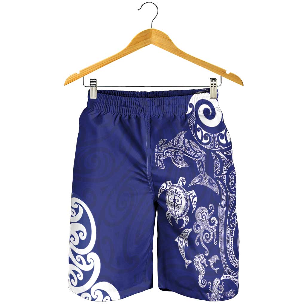 New Zealand Sea Animals with Maori Tribal Tattoo Shorts for Men Blue Color LT03 - Polynesian Pride