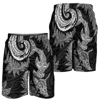 New Zealand Sea Animals with Maori Tribal Tattoo Shorts for Men Shark Manta Ray with Silver Fern Black LT03 - Polynesian Pride