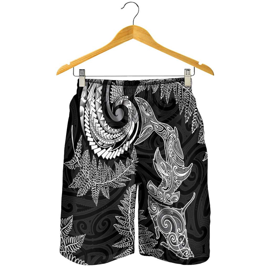 New Zealand Sea Animals with Maori Tribal Tattoo Shorts for Men Shark Manta Ray with Silver Fern Black LT03 - Polynesian Pride