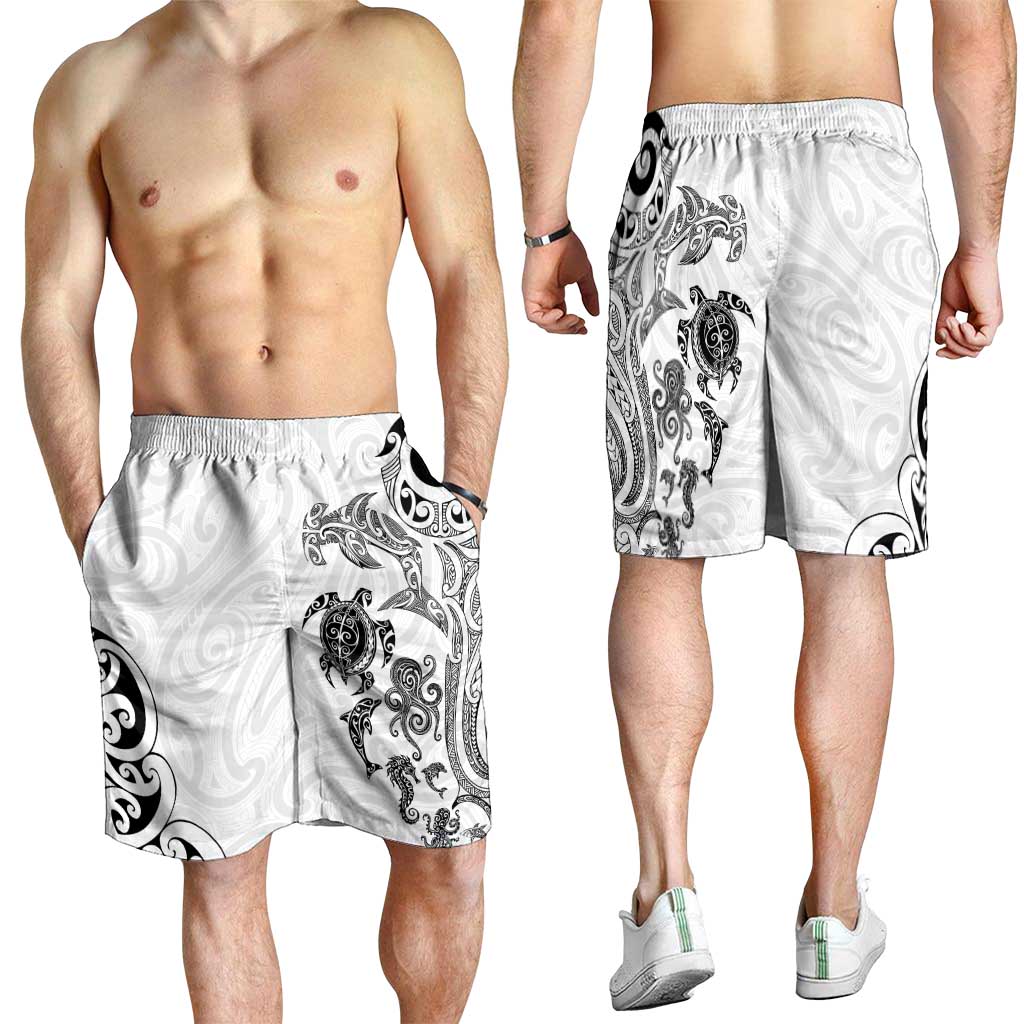New Zealand Sea Animals with Maori Tribal Tattoo Shorts for Men White Color LT03 - Polynesian Pride