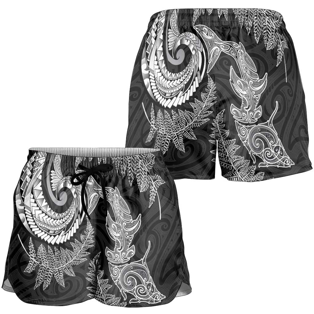 New Zealand Sea Animals with Maori Tribal Tattoo Shorts for Women Shark Manta Ray with Silver Fern Black LT03 - Polynesian Pride