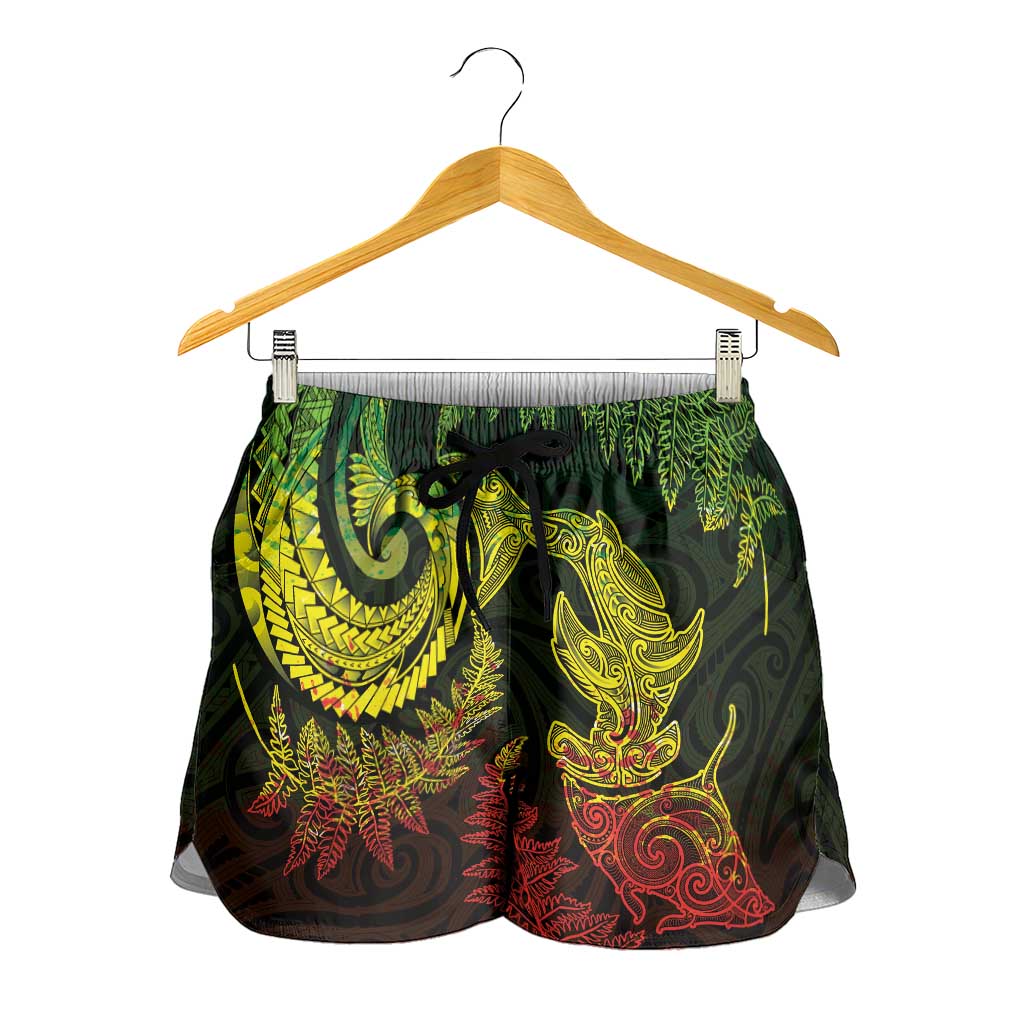 New Zealand Sea Animals with Maori Tribal Tattoo Shorts for Women Shark Manta Ray with Silver Fern Reggae LT03 - Polynesian Pride