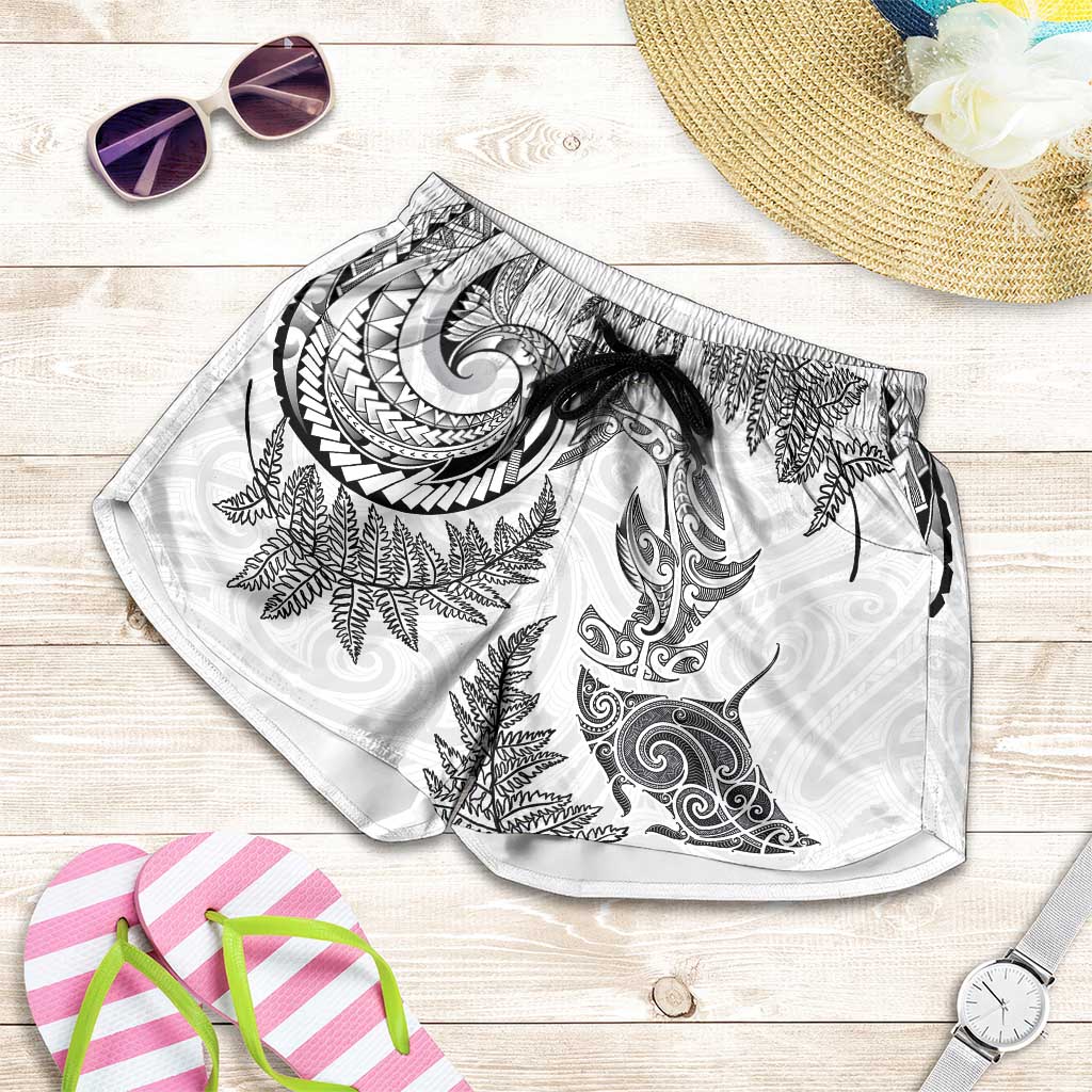 New Zealand Sea Animals with Maori Tribal Tattoo Shorts for Women Shark Manta Ray with Silver Fern White LT03 White - Polynesian Pride