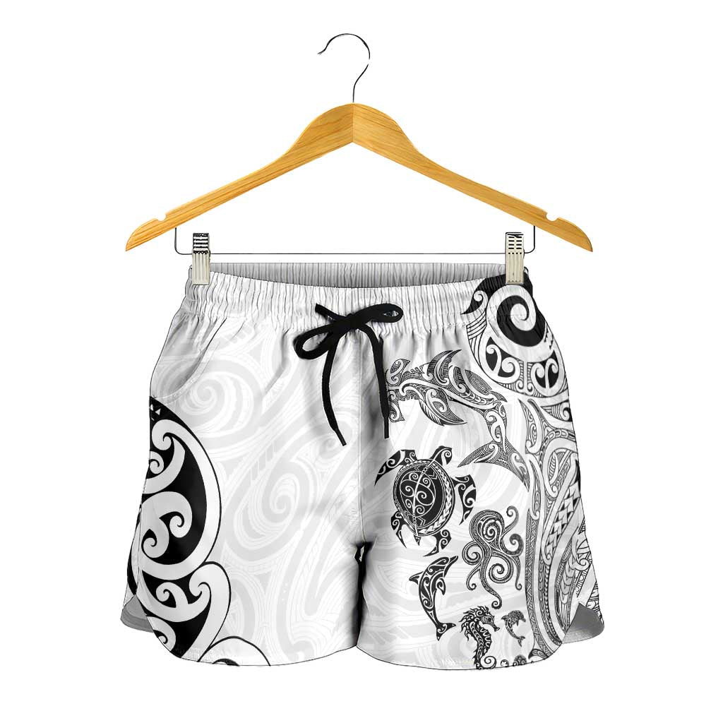 New Zealand Sea Animals with Maori Tribal Tattoo Shorts for Women White Color LT03 - Polynesian Pride