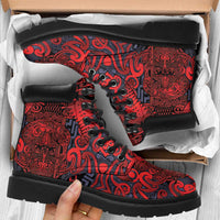 New Zealand Taiaha Maori All Season Boots Whero Minimalist Silver Fern Tukutuku Motif LT9 Red - Polynesian Pride