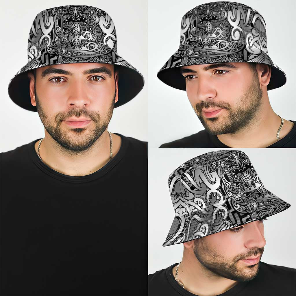 New Zealand Taiaha Maori Bucket Hat Kiwikiwi Minimalist Silver Fern Tukutuku Motif LT9 - Polynesian Pride