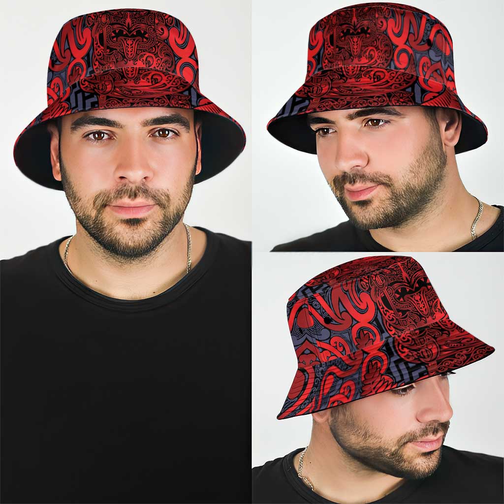 New Zealand Taiaha Maori Bucket Hat Whero Minimalist Silver Fern Tukutuku Motif LT9 - Polynesian Pride