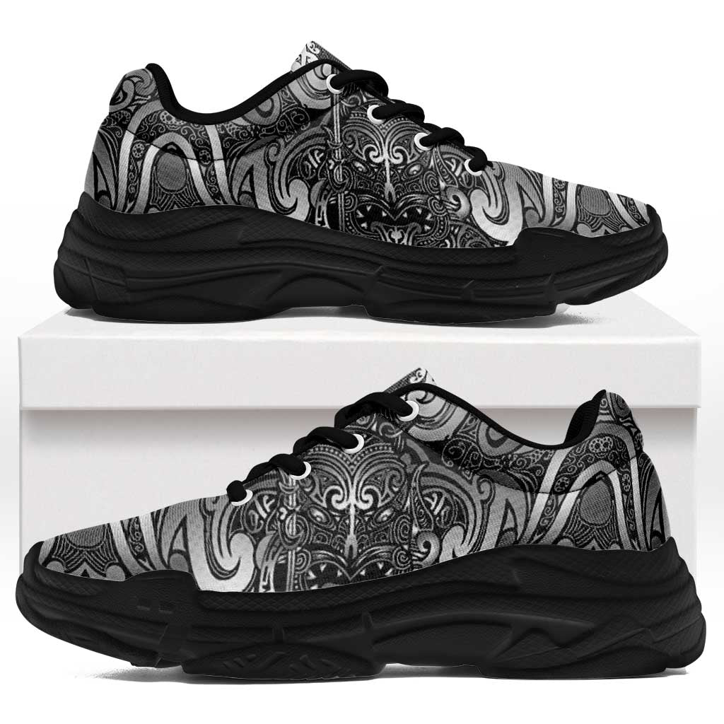 New Zealand Taiaha Maori Chunky Sneakers Kiwikiwi Minimalist Silver Fern Tukutuku Motif LT9 White - Polynesian Pride