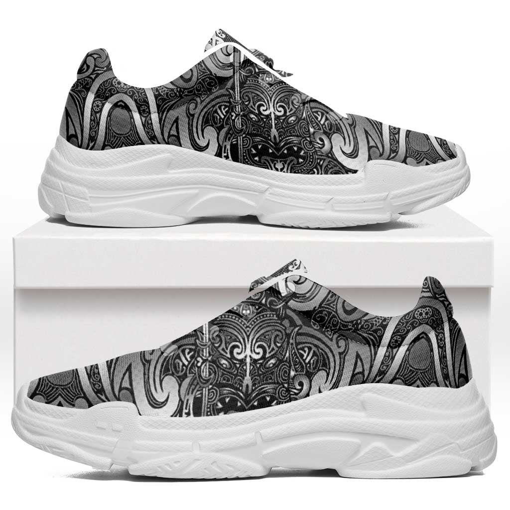 New Zealand Taiaha Maori Chunky Sneakers Kiwikiwi Minimalist Silver Fern Tukutuku Motif LT9 White - Polynesian Pride