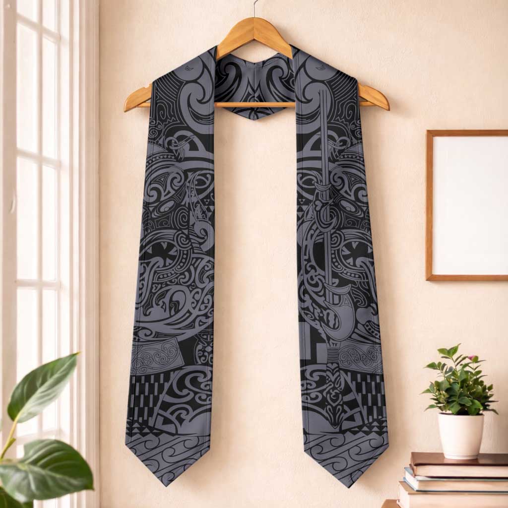 New Zealand Taiaha Maori Graduation Stole Minimalist Silver Fern All Black LT9 One Size Black - Polynesian Pride