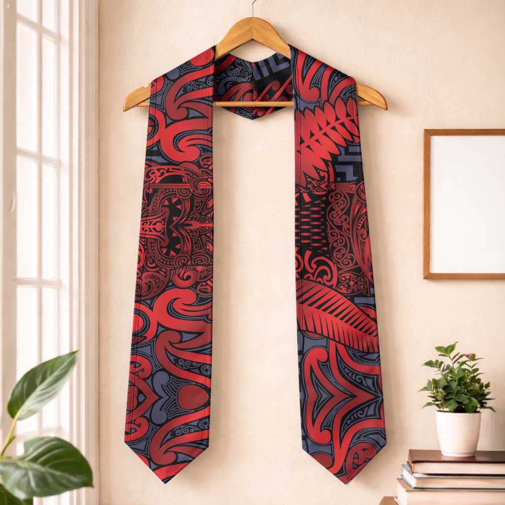 New Zealand Taiaha Maori Graduation Stole Whero Minimalist Silver Fern Tukutuku Motif