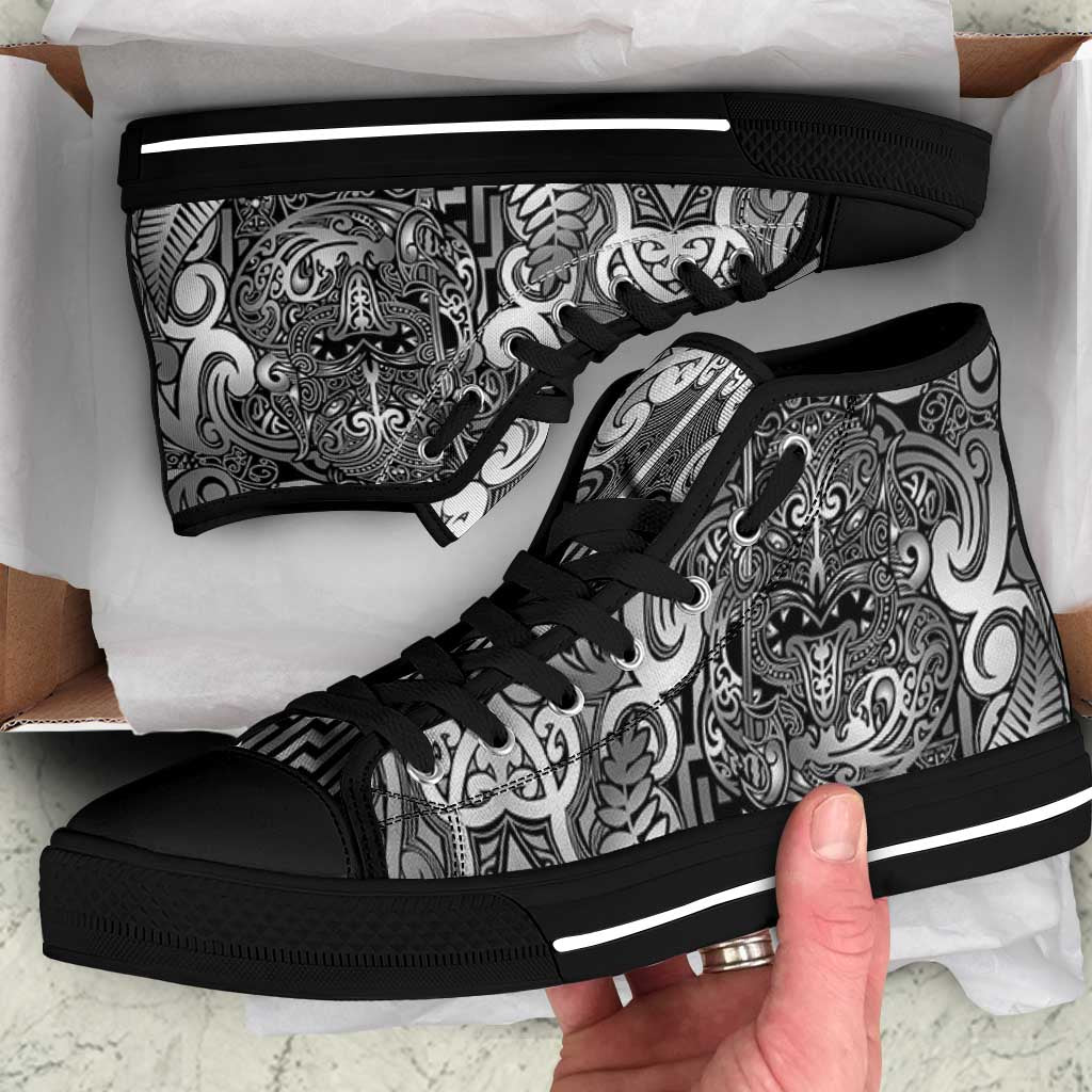 New Zealand Taiaha Maori High Top Shoes Kiwikiwi Minimalist Silver Fern Tukutuku Motif LT9 White - Polynesian Pride