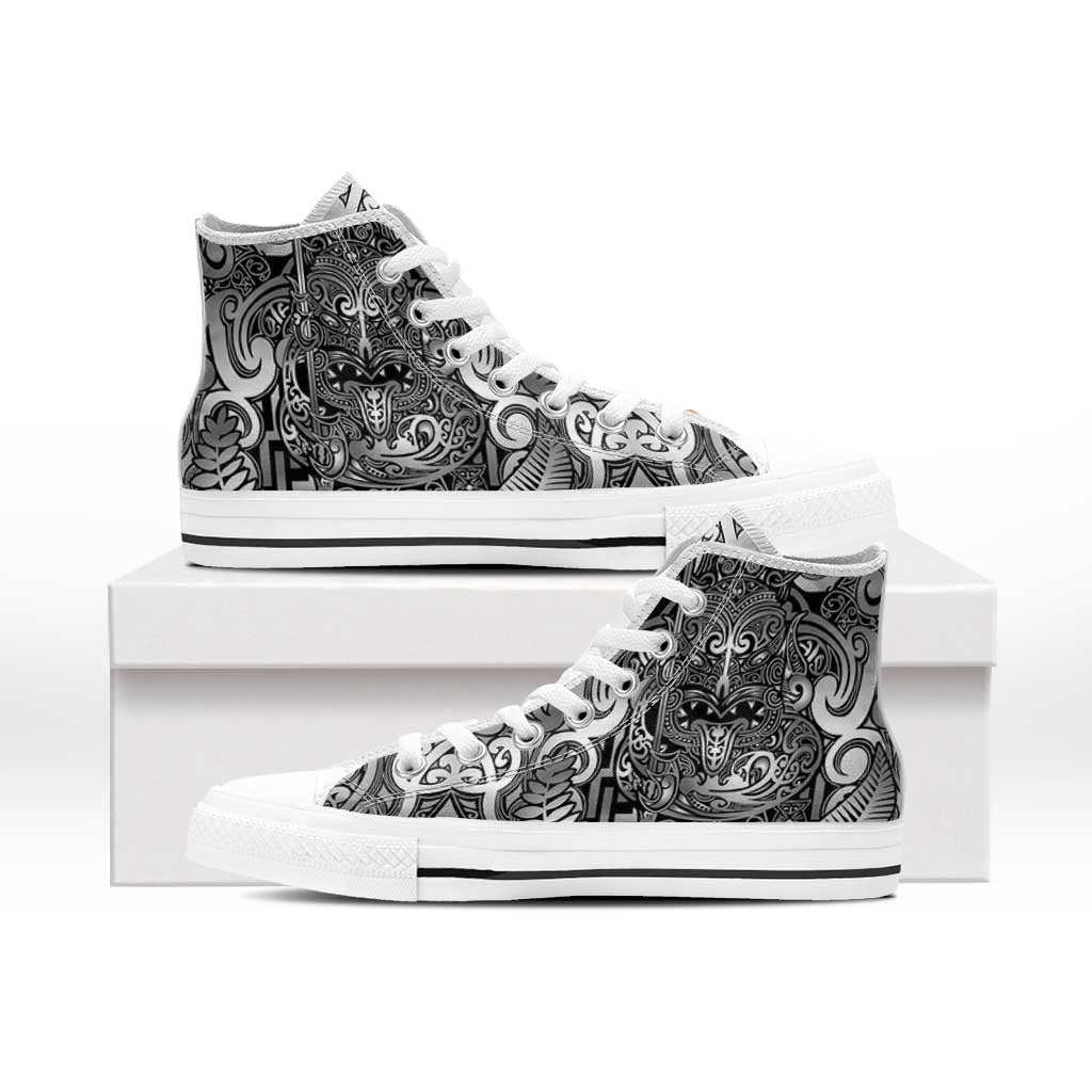 New Zealand Taiaha Maori High Top Shoes Kiwikiwi Minimalist Silver Fern Tukutuku Motif LT9 - Polynesian Pride