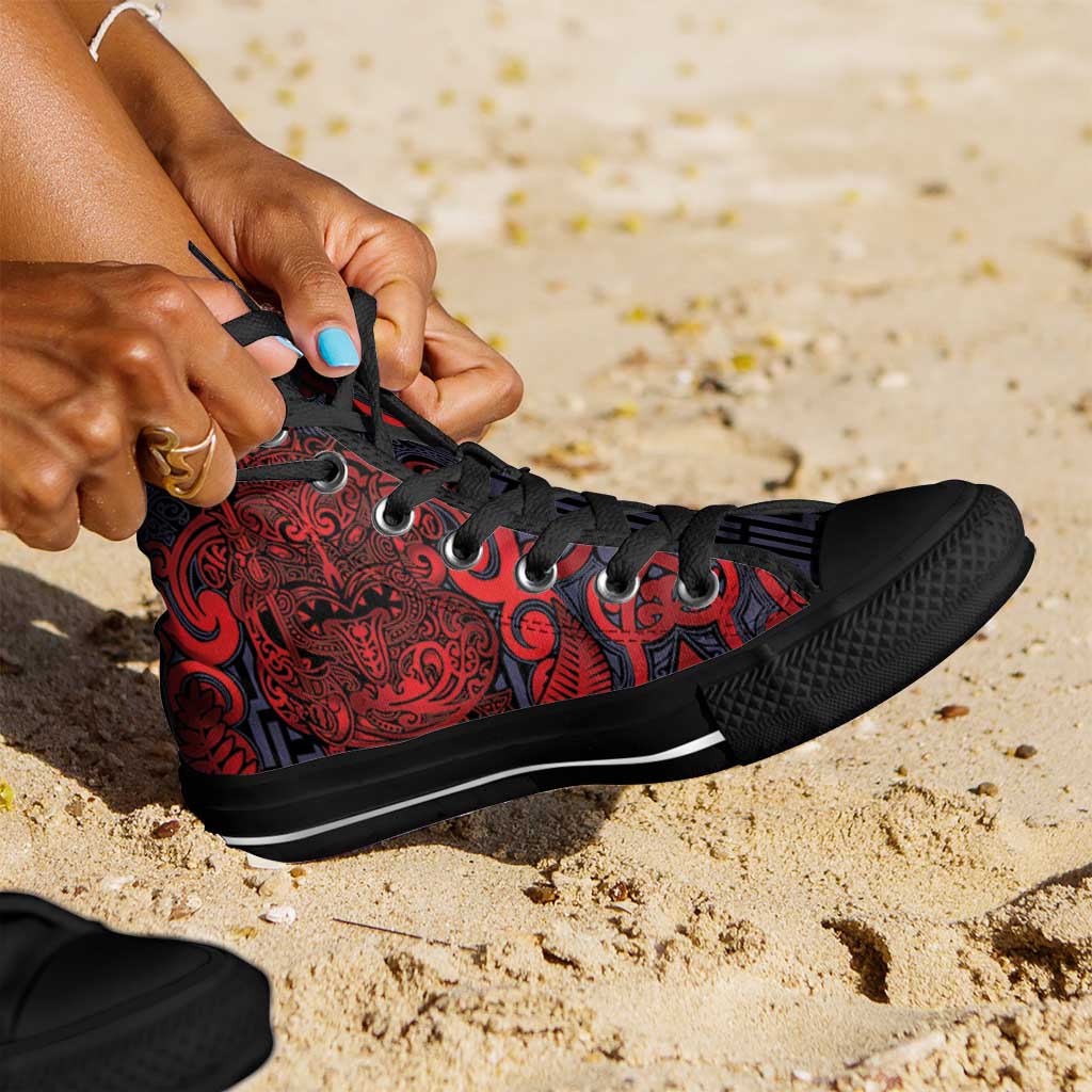 New Zealand Taiaha Maori High Top Shoes Whero Minimalist Silver Fern Tukutuku Motif LT9 - Polynesian Pride