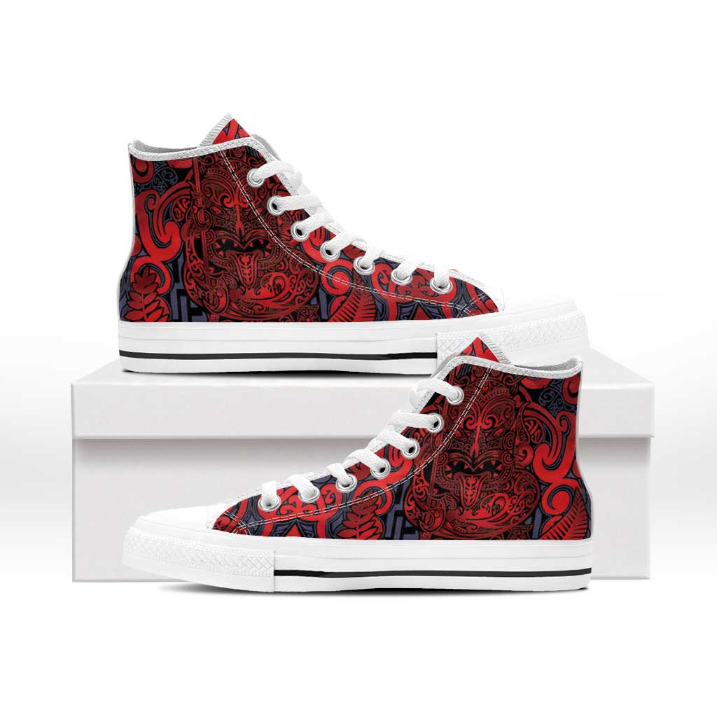 New Zealand Taiaha Maori High Top Shoes Whero Minimalist Silver Fern Tukutuku Motif LT9 - Polynesian Pride