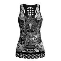 New Zealand Taiaha Maori Hollow Tank Top Kiwikiwi Minimalist Silver Fern Tukutuku Motif LT9 Female White - Polynesian Pride