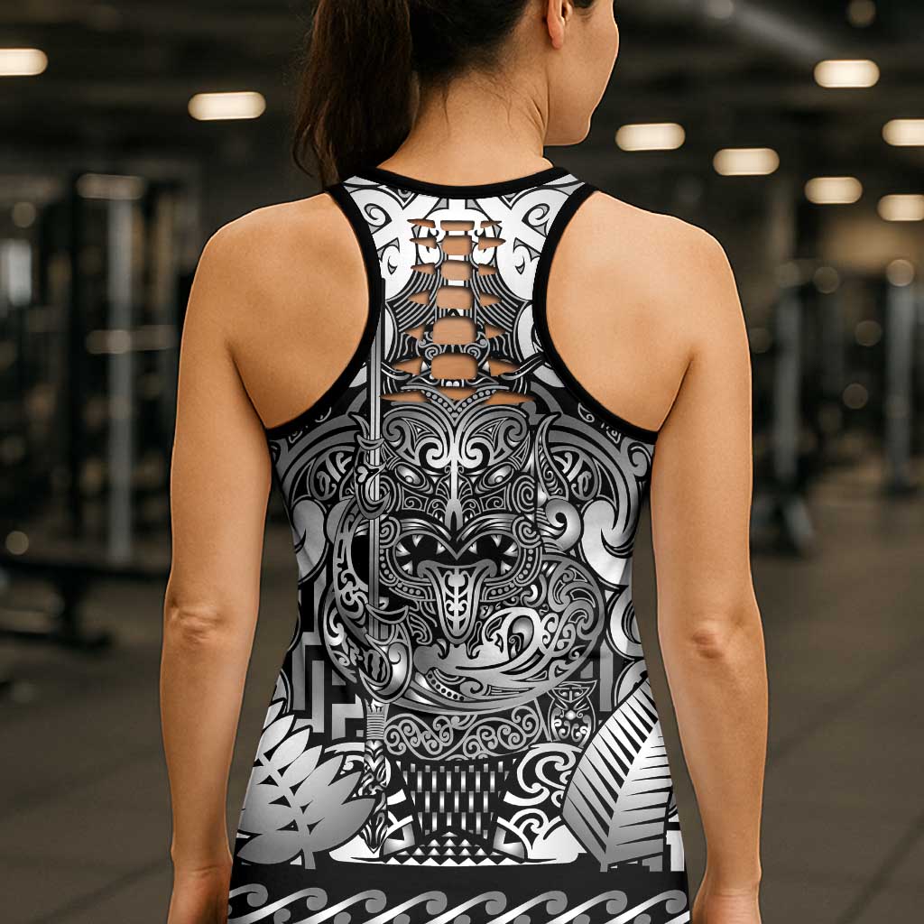 New Zealand Taiaha Maori Hollow Tank Top Kiwikiwi Minimalist Silver Fern Tukutuku Motif LT9 - Polynesian Pride