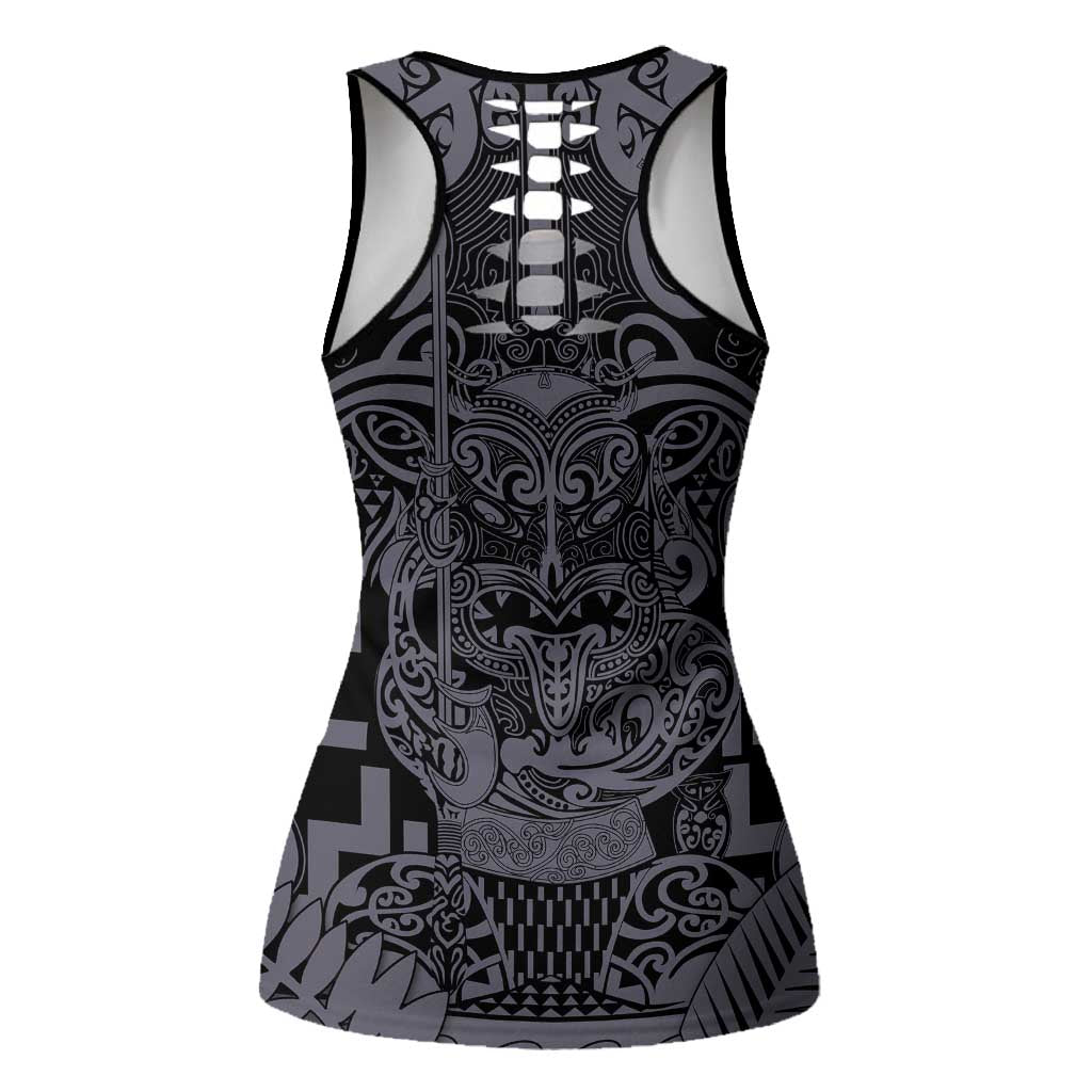 New Zealand Taiaha Maori Hollow Tank Top Minimalist Silver Fern All Black LT9 - Polynesian Pride