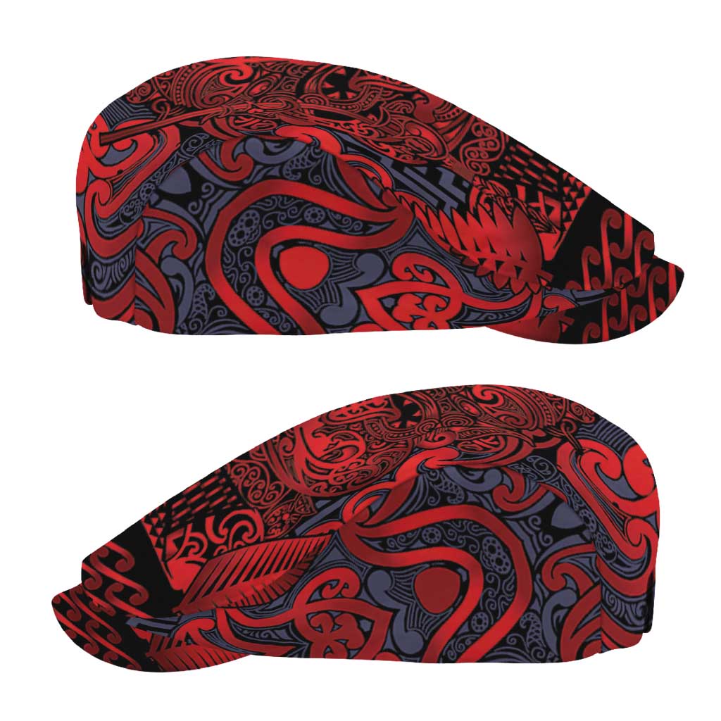 New Zealand Taiaha Maori Jeff Hat Whero Minimalist Silver Fern Tukutuku Motif LT9 - Polynesian Pride