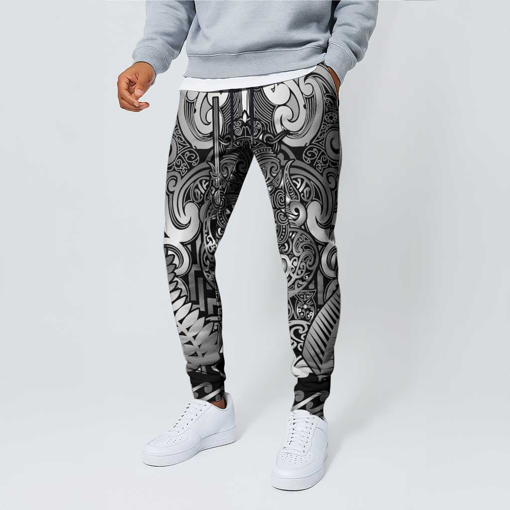 New Zealand Taiaha Maori Jogger Pants Kiwikiwi Minimalist Silver Fern Tukutuku Motif LT9 - Polynesian Pride