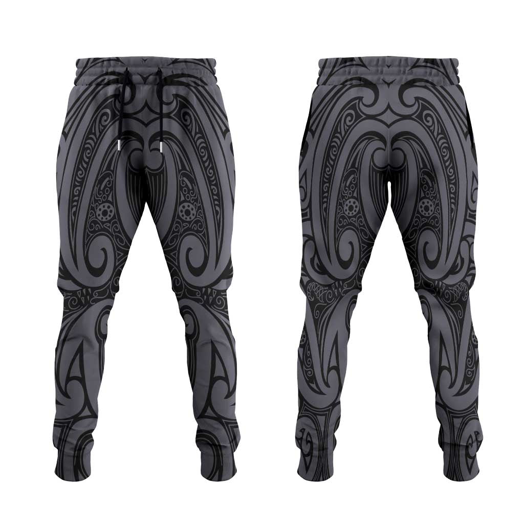 New Zealand Taiaha Maori Jogger Pants Minimalist Silver Fern All Black LT9 Black - Polynesian Pride