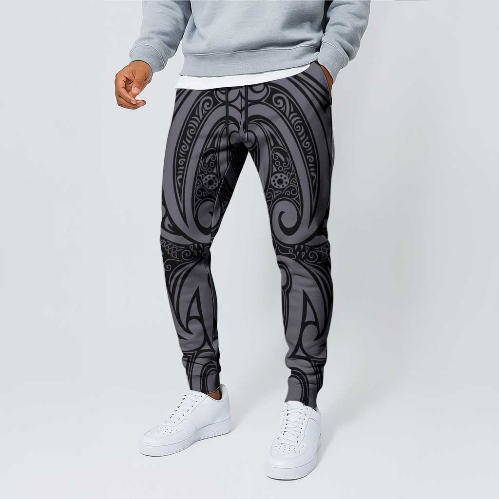 New Zealand Taiaha Maori Jogger Pants Minimalist Silver Fern All Black LT9 - Polynesian Pride