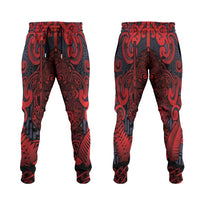 New Zealand Taiaha Maori Jogger Pants Whero Minimalist Silver Fern Tukutuku Motif LT9 Red - Polynesian Pride