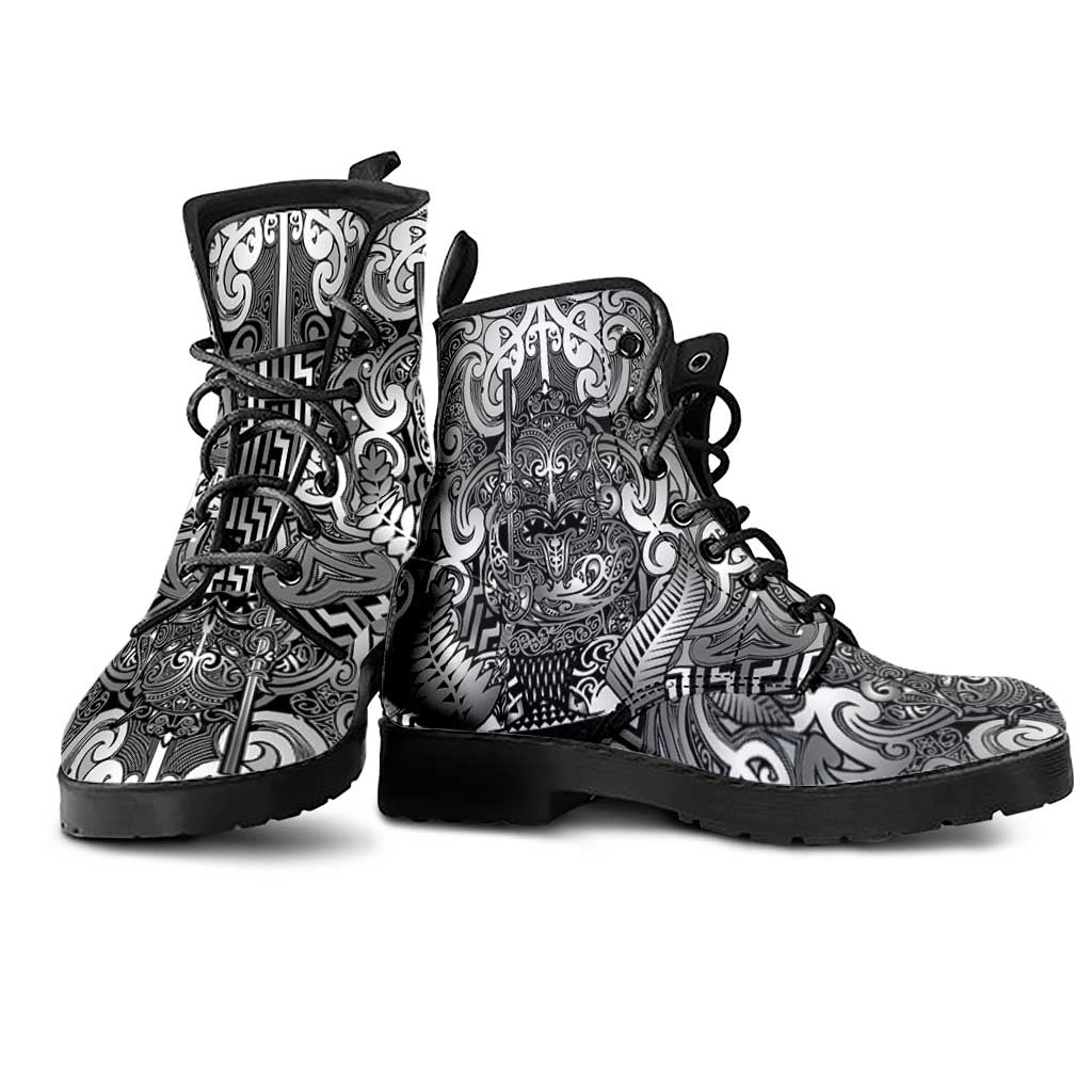 New Zealand Taiaha Maori Leather Boots Kiwikiwi Minimalist Silver Fern Tukutuku Motif LT9 - Polynesian Pride