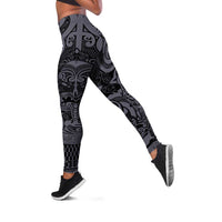 New Zealand Taiaha Maori Leggings Minimalist Silver Fern All Black LT09