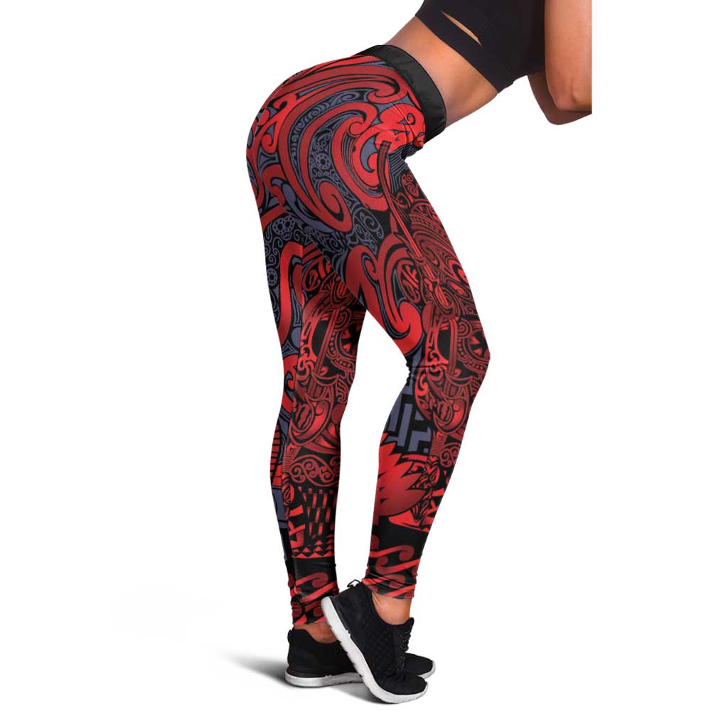 New Zealand Taiaha Maori Leggings Whero Minimalist Silver Fern Tukutuku Motif LT9 - Polynesian Pride