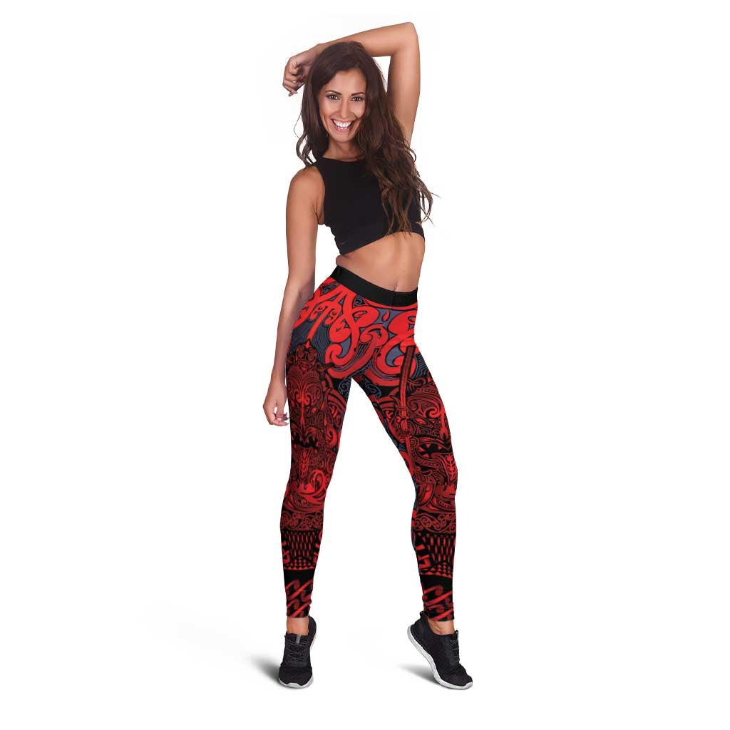 New Zealand Taiaha Maori Leggings Whero Minimalist Silver Fern Tukutuku Motif LT9 - Polynesian Pride
