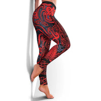 New Zealand Taiaha Maori Leggings Whero Minimalist Silver Fern Tukutuku Motif LT9 - Polynesian Pride
