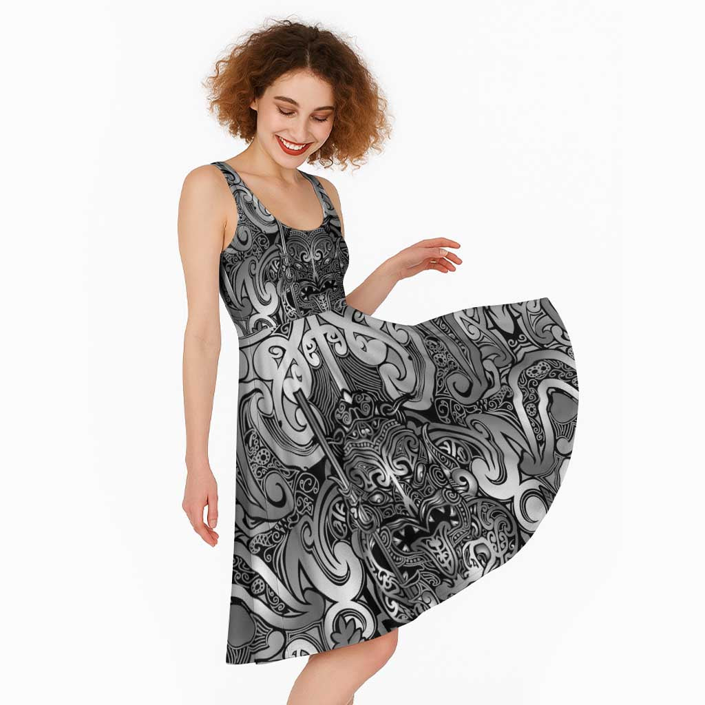 New Zealand Taiaha Maori Midi Dress Kiwikiwi Minimalist Silver Fern Tukutuku Motif LT9 - Polynesian Pride