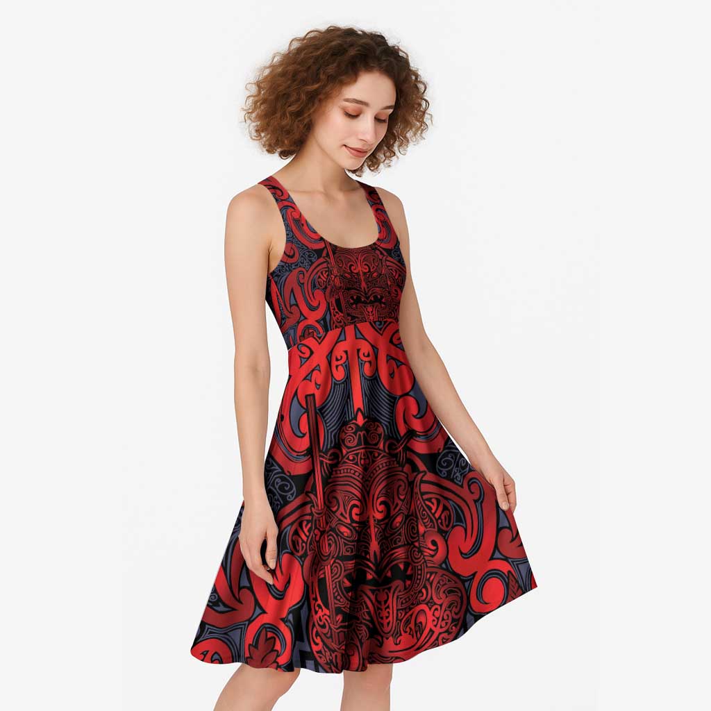 New Zealand Taiaha Maori Midi Dress Whero Minimalist Silver Fern Tukutuku Motif LT9 - Polynesian Pride