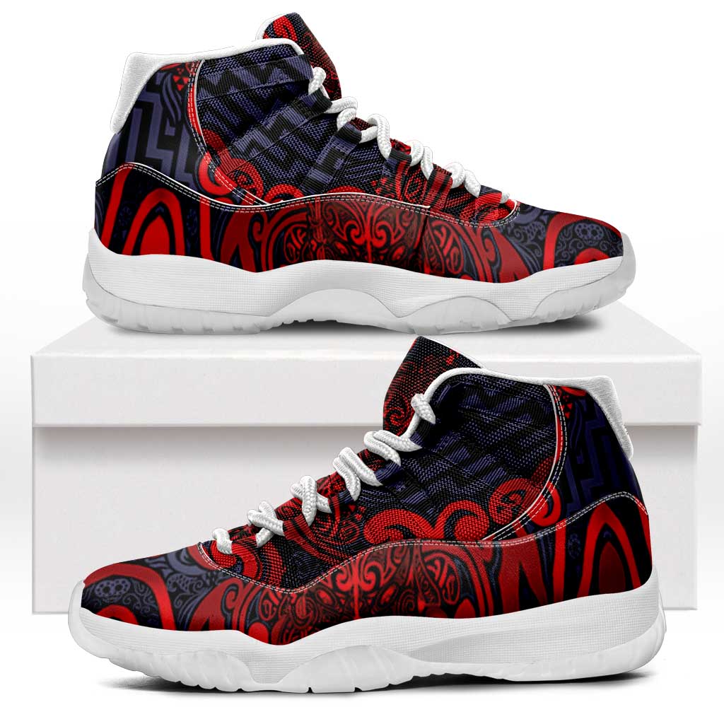 New Zealand Taiaha Maori Sneakers J11 Whero Minimalist Silver Fern Tukutuku Motif LT9 Red - Polynesian Pride