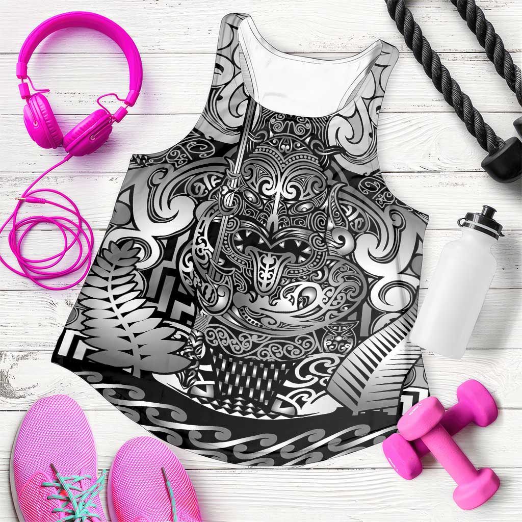 New Zealand Taiaha Maori Women Racerback Tank Kiwikiwi Minimalist Silver Fern Tukutuku Motif LT9 White - Polynesian Pride