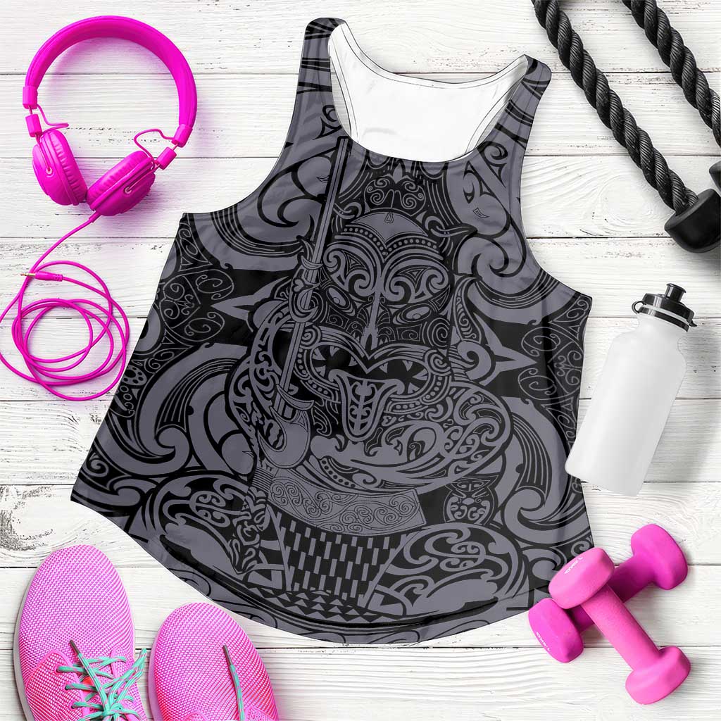 New Zealand Taiaha Maori Women Racerback Tank Minimalist Silver Fern All Black LT9 Black - Polynesian Pride