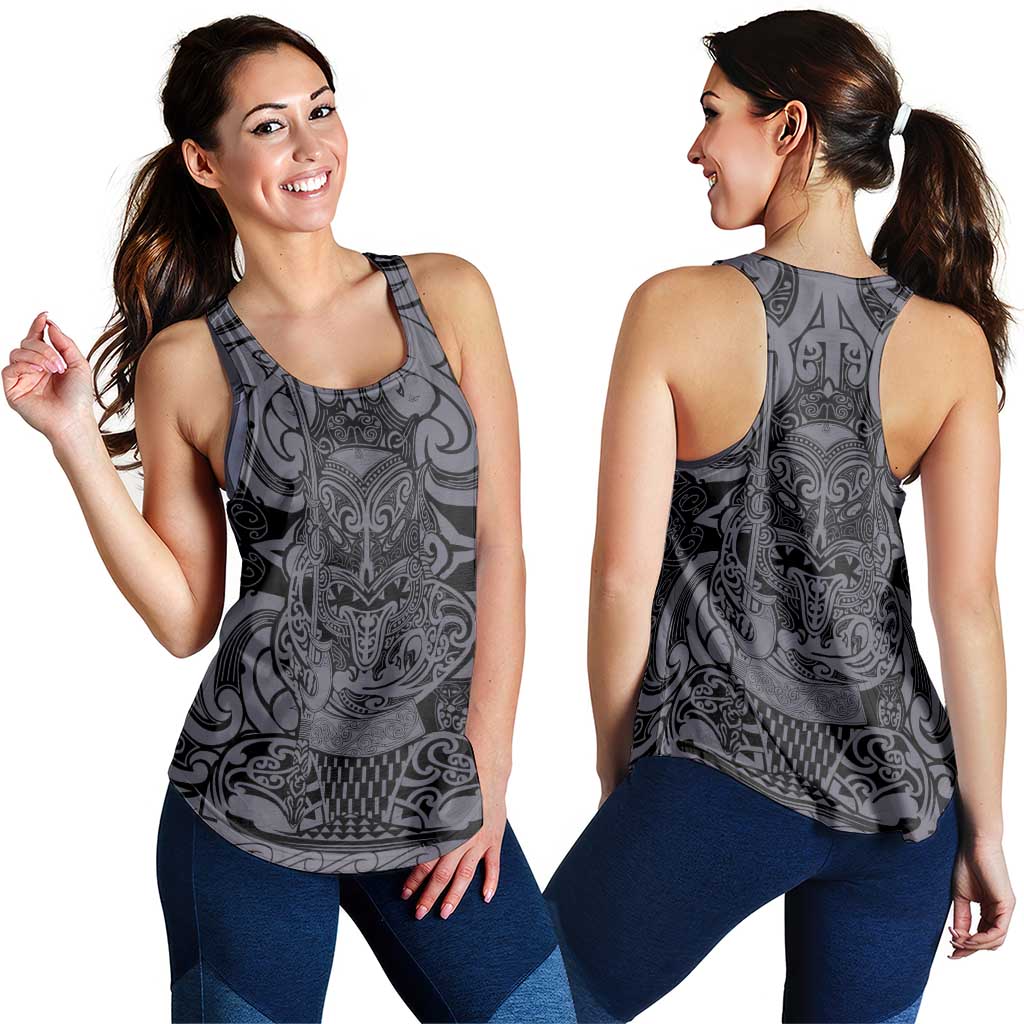 New Zealand Taiaha Maori Women Racerback Tank Minimalist Silver Fern All Black LT9 - Polynesian Pride