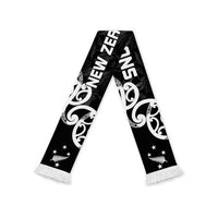 New Zealand WC2026 Black Soccer Scarf Silver Fern LT7 White Fringe One Size Black - Polynesian Pride