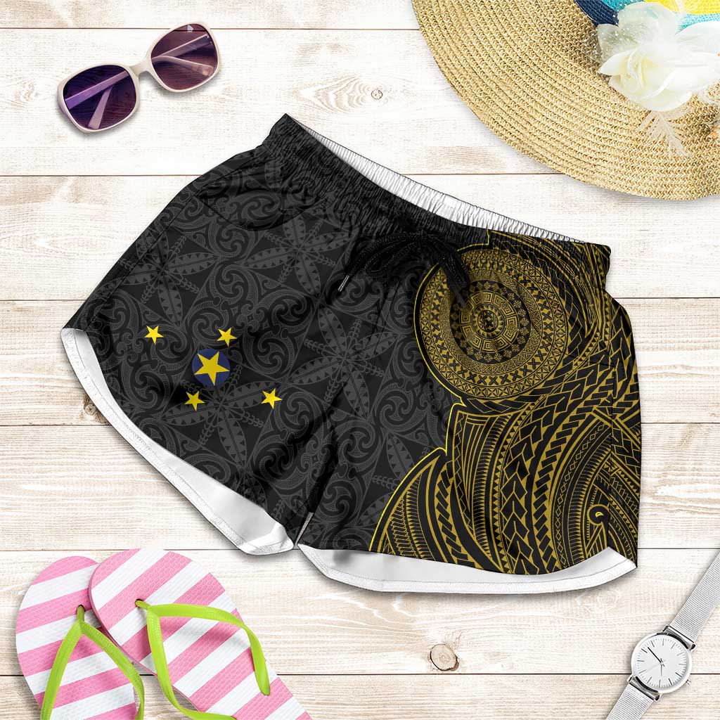 Niue Polynesian Hiapo Tattoo Art Shorts for Women Half Style Black Gold Color LT03 Black - Polynesian Pride