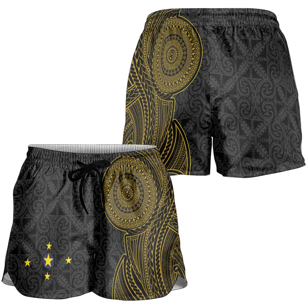 Niue Polynesian Hiapo Tattoo Art Shorts for Women Half Style Black Gold Color LT03 - Polynesian Pride