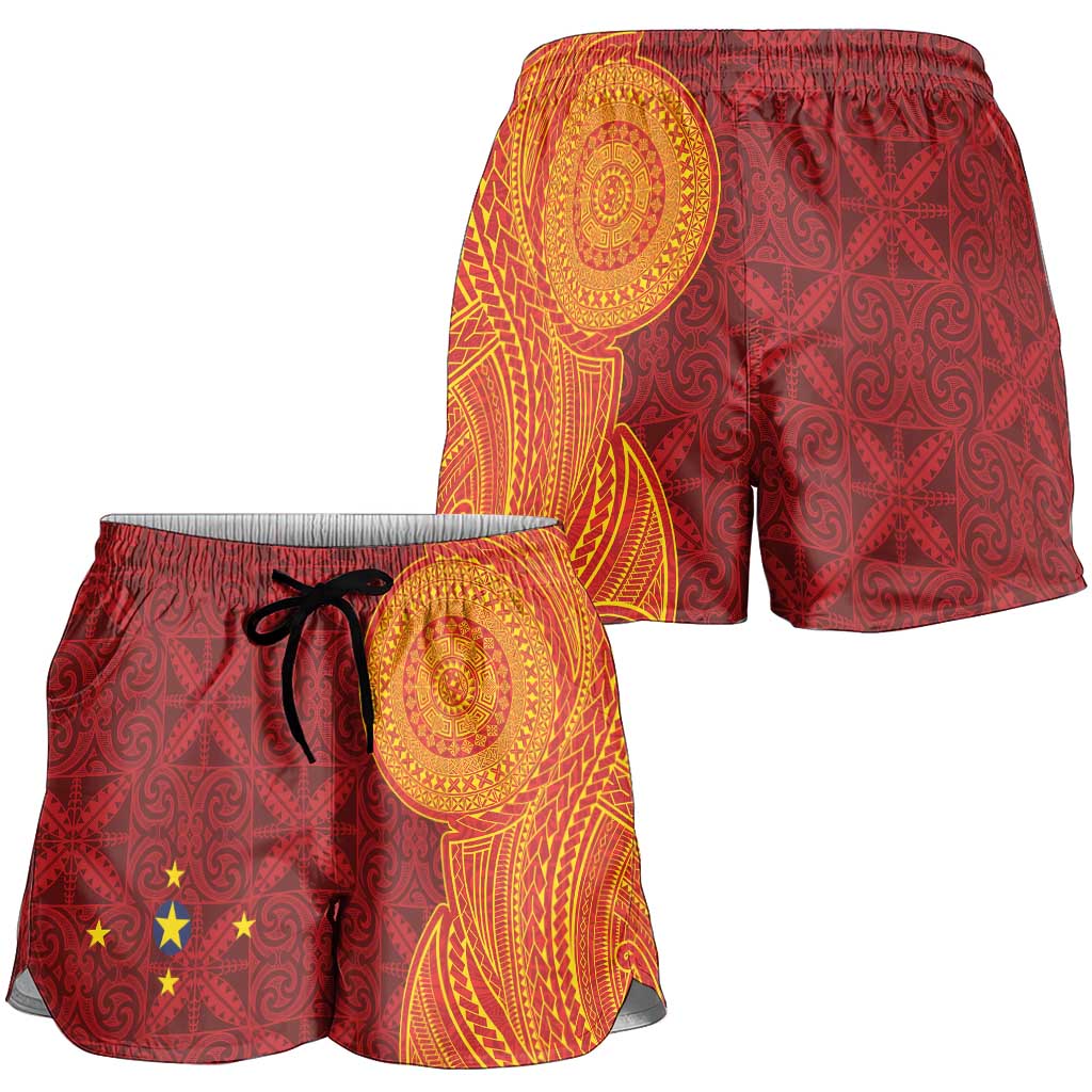 Niue Polynesian Hiapo Tattoo Art Shorts for Women Half Style Red Yellow Color LT03 - Polynesian Pride
