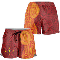 Niue Polynesian Hiapo Tattoo Art Shorts for Women Half Style Red Yellow Color LT03 - Polynesian Pride