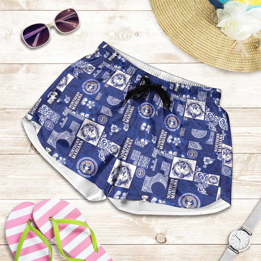 Northern Mariana Islands Magof Nochebuena Shorts for Women Pacific Patchwork Xmas Vibes - Polynesian Pride