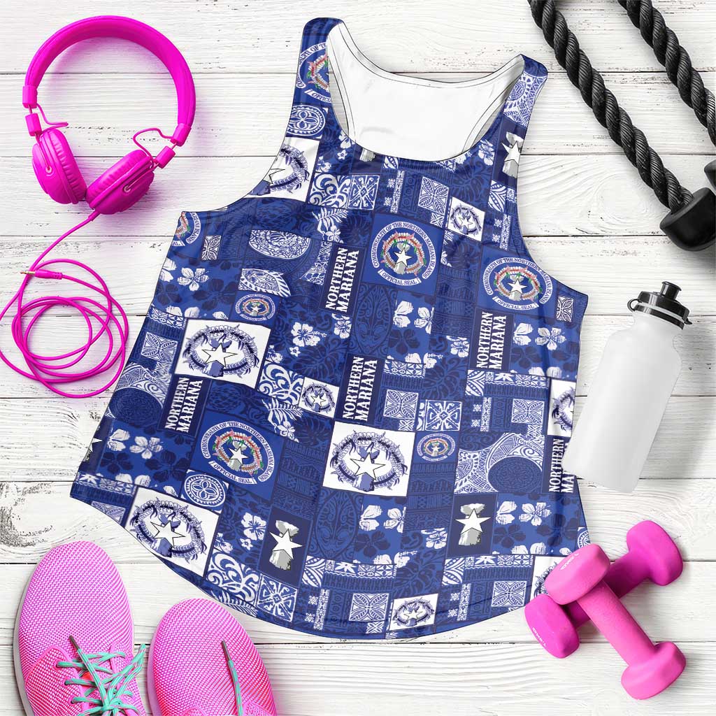 Northern Mariana Islands Magof Nochebuena Women Racerback Tank Pacific Patchwork Xmas Vibes LT9 Blue - Polynesian Pride