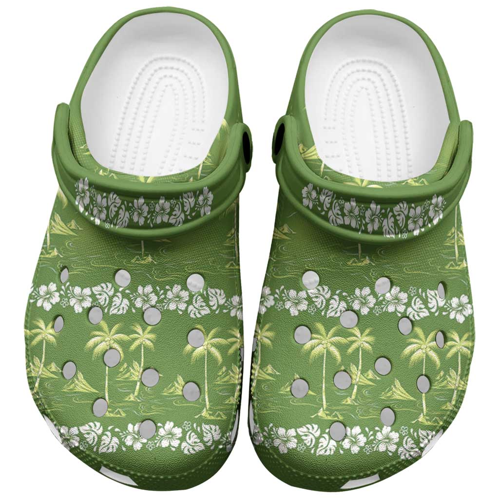 Olive Green Hawaii Palm Tree Hibiscus Clogs Shoes Fantasy Summer Vibe