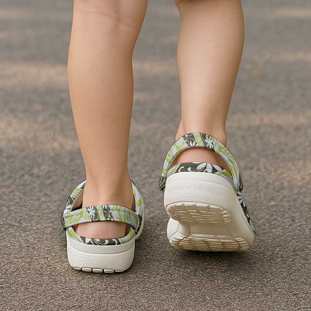 Olive Tahiti Tiare Monstera Clogs Shoes Polynesian Pattern Curve Style - Polynesian Pride
