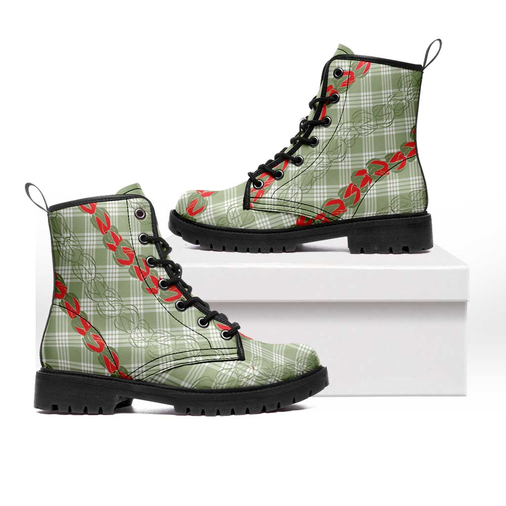 Omaomao Aloha Hawaii Leather Boots Rosebud Lei With Palaka Motif - Polynesian Pride