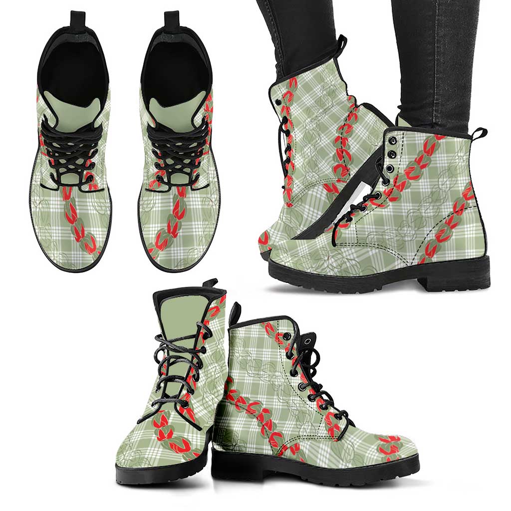 Omaomao Aloha Hawaii Leather Boots Rosebud Lei With Palaka Motif - Polynesian Pride